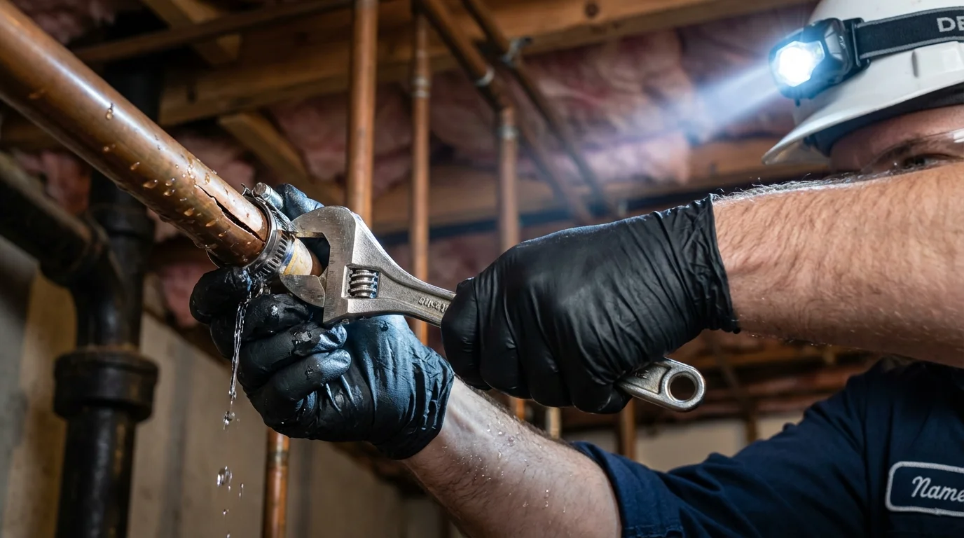 Emergency pipe clamp repair being performed by a Johns Plumbing LLC plumber in Grove Hill