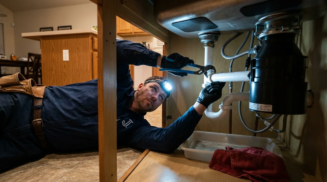 P-trap and supply line connections under a kitchen sink showing a common leak point in Grove Hill, AL